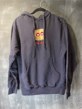 Thryfty Bag Boi Embroidered Hoodie Navy Blue Graphic Pullover Small Streetwear
